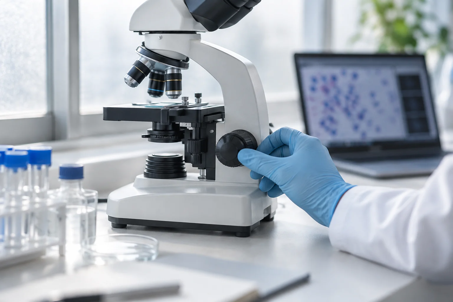A gloved hand adjusting a microscope in a bright research workspace.